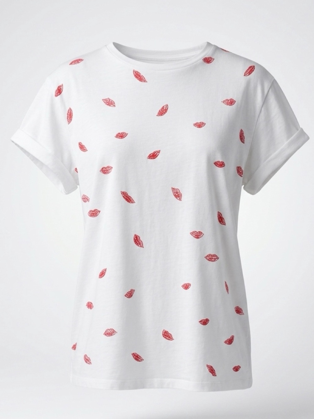 Stella McCartney Cotton Tee w/Crystal Lip Motif, sz40, white/red, EUC